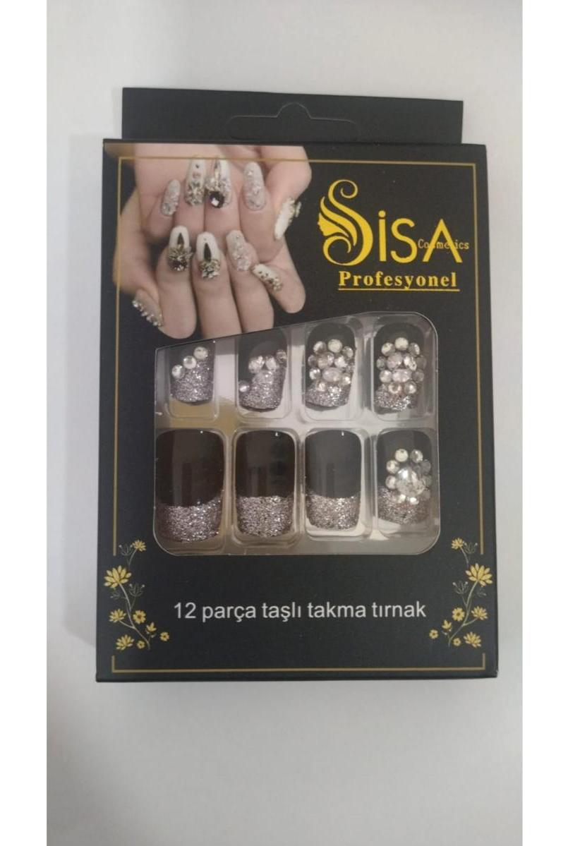 Sisa Simli 12'li Oval Siyah Takma Tırnak