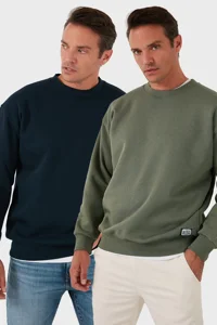 Buratti Regular Fit Bisiklet Yaka Şardonlu 2'Li Paket Erkek Sweat 5905255S2 Haki-Koyu Lacivert