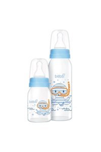 Wee Baby Bebsi Cam Gaz Yapmayan Antikolik Yenidoğan Kulpsuz 0-6 Ay Desenli Mavi Yuvarlak Uçlu Bebek Biberon Seti 250 ml + 125 ml