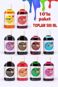 Deembro Bordo Kahverengi Kırmızı Mavi Mor Pembe Sarı Siyah Turuncu Yeşil Su Bazlı Sıvı Gıda Boyası 10x50 ml