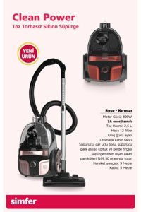Simfer SK-6301 800 W Hepa Filtreli 2.5 lt Kapasiteli Toz Torbasız Süpürge Kırmızı