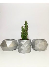 Florada Dekoratif 3 Adet Gümüş Beton Saksı Seti