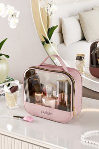 Pufwin Bölmeli Pembe Düz Jüt Büyük Boy Seyahat Makyaj Çantası