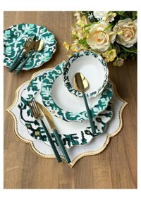 Pink & More Ikat Green 24 Parça 6 Kişilik Porselen Yuvarlak Yemek Takımı