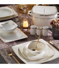 Aryıldız Bone Square Line Gold 60 Parça 12 Kişilik Bone China Porselen Kare Yemek Takımı