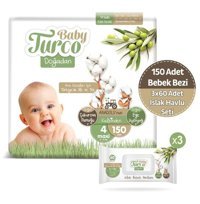 Baby Turco Doğadan 4 Numara Bantlı Bebek Bezi 150'li + 3 Adet Islak Mendil