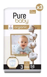 Pure Baby Organik 3 Numara Organik Bantlı Bebek Bezi 168'li