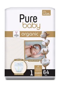 Pure Baby Organik 1 Numara Organik Bantlı Bebek Bezi 64'lü