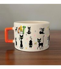 Mor Mürekkep Cat Love Baskılı Turuncu Kulplu C Fincan