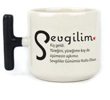 Mor Mürekkep Sevgilim Baskılı Siyah Kulplu T Kupa
