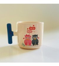 Mor Mürekkep Love You Kuşlar Baskılı Mavi Kulplu T Kupa