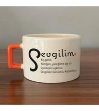 Mor Mürekkep Sevgilim Baskılı Turuncu Kulplu C Fincan