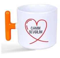 Mor Mürekkep Canım Sevgilim Baskılı Turuncu Kulplu T Kupa