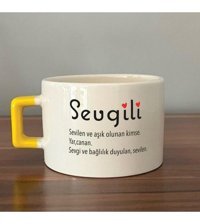 Mor Mürekkep Sevgili Baskılı Sarı Kulplu C Fincan