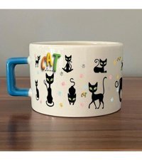 Mor Mürekkep Cat Love Baskılı Mavi Kulplu C Fincan