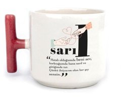 Mor Mürekkep Sarıl Baskılı Kırmızı Kulplu T Kupa