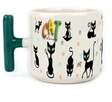 Mor Mürekkep Cat Love Baskılı Yeşil Kulplu T Kupa