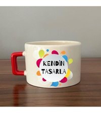 Mor Mürekkep Kendin Tasarla Kırmızı Kulplu Seramik C Fincan