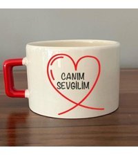 Mor Mürekkep Canım Sevgilim Baskılı Kırmızı Kulplu C Fincan