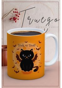 Truego Baskılı Kupa Bardak Seramik Mug - Halloween Kedi