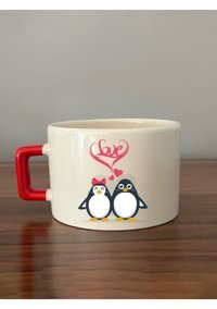 Mor Mürekkep Love Penguenler Baskılı Kırmızı Kulplu C Kupa