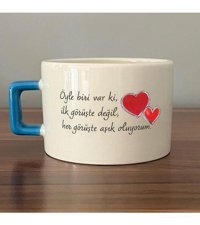 Mor Mürekkep Öyle Biri Var Ki Baskılı Mavi Kulplu C Fincan