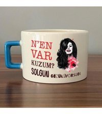 Mor Mürekkep Nen Var Kuzum Baskılı Mavi Kulplu C Fincan
