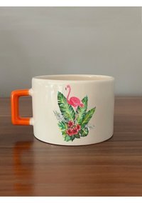 Mor Mürekkep Flamingo Baskılı Turuncu Kulplu C Kupa