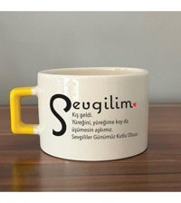 Mor Mürekkep Sevgilim Baskılı Sarı Kulplu C Fincan