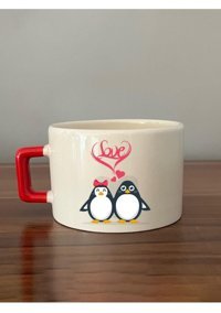 Mor Mürekkep Love Penguenler Baskılı Kırmızı Kulplu C Fincan
