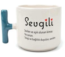 Mor Mürekkep Sevgili Baskılı Mavi Kulplu T Kupa
