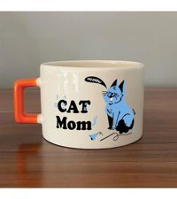 Mor Mürekkep Cat Mom Baskılı Turuncu Kulplu C Fincan