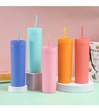 Luckystar Düz Renk 16Oz Çift Katlı Plastik Kupa - Mavi