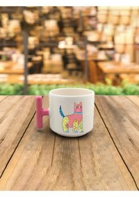 Mor Mürekkep Sarı Pembe Kedi Baskılı Pembe Kulplu T Kupa