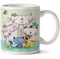 Art Hediye Kedi Ailesi Kediler İki Tarafı Baskılı Kupa Bardak