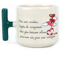 Mor Mürekkep Dün Seni Sevdim Baskılı Yeşil Kulplu T Kupa