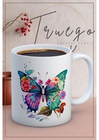 Truego Baskılı Kupa Bardak Seramik Mug - Renkli Kelebekler