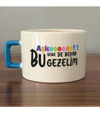 Mor Mürekkep Aşkoooooo Baskılı Mavi Kulplu C Fincan
