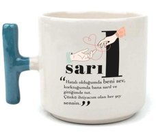 Mor Mürekkep Sarıl Baskılı Mavi Kulplu T Kupa