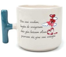 Mor Mürekkep Dün Seni Sevdim Baskılı Mavi Kulplu T Kupa