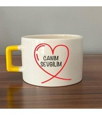 Mor Mürekkep Canım Sevgilim Baskılı Sarı Kulplu C Fincan