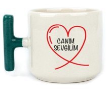 Mor Mürekkep Canım Sevgilim Baskılı Yeşil Kulplu T Kupa