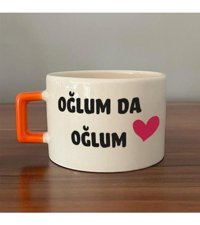 Mor Mürekkep Oğlum Da Oğlum Baskılı Turuncu Kulplu C Fincan