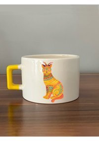 Mor Mürekkep Sarı Kedi Baskılı Sarı Kulplu C Kupa