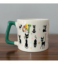Mor Mürekkep Cat Love Baskılı Yeşil Kulplu D Kupa