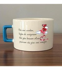 Mor Mürekkep Dün Seni Sevdim Baskılı Mavi Kulplu C Fincan
