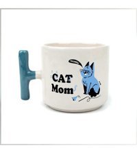 Mor Mürekkep Cat Mom Baskılı Mavi Kulplu T Kupa