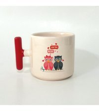 Mor Mürekkep Love You Kuşlar Baskılı Kırmızı Kulplu T Kupa