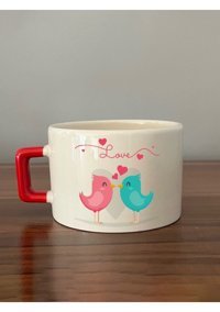 Mor Mürekkep Love Kuşlar Baskılı Kırmızı Kulplu C Kupa