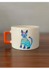 Mor Mürekkep Mavi Kedi Baskılı Turuncu Kulplu C Fincan